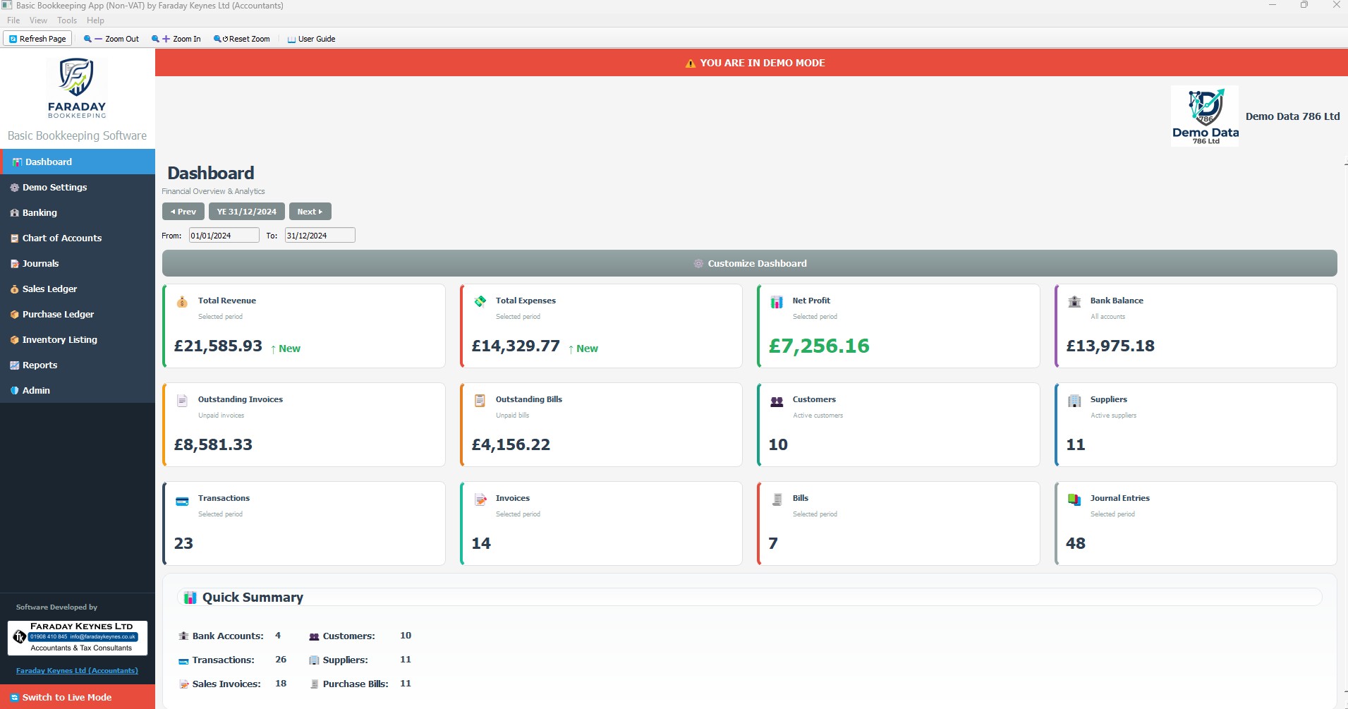 Faraday Bookkeeping App main dashboard after installation