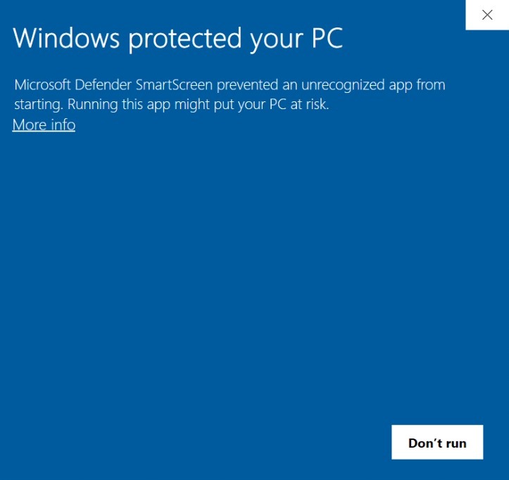 Windows SmartScreen security warning with 'More info' and 'Run anyway' options